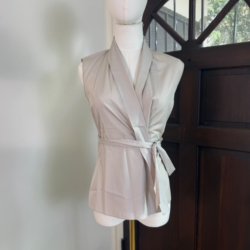 Akris Punto Wrap Top Structural Modern Minimalist Kimono Cotton Taupe | Size XS